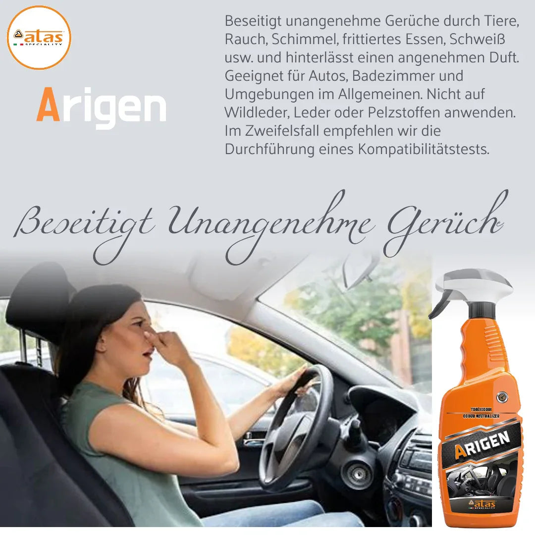 Donna in auto si tappa il naso, flacone spray Arigen elimina odori professionale per interni