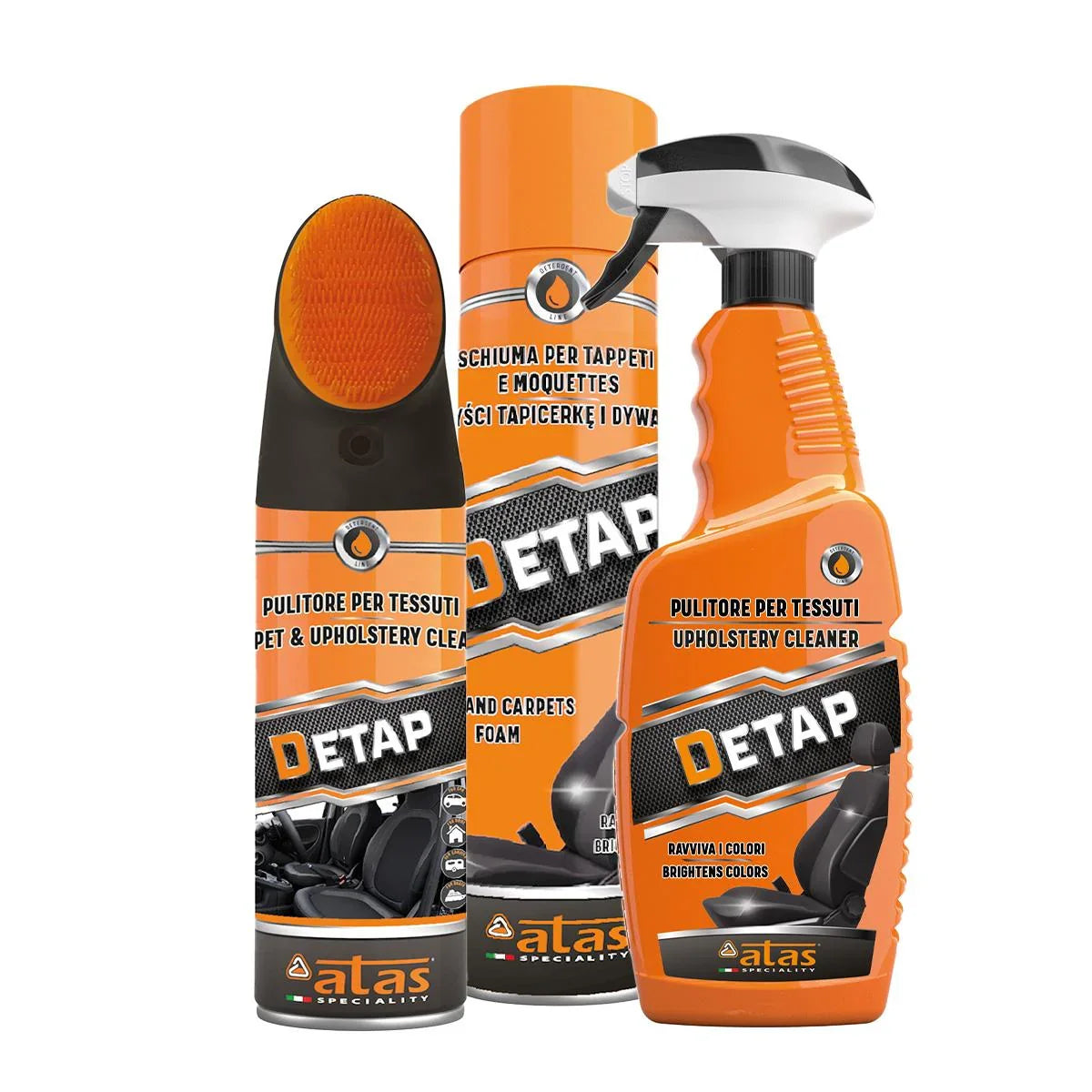 Tre flaconi di detergente per tessuti e moquette auto, etichetta Detap arancione.