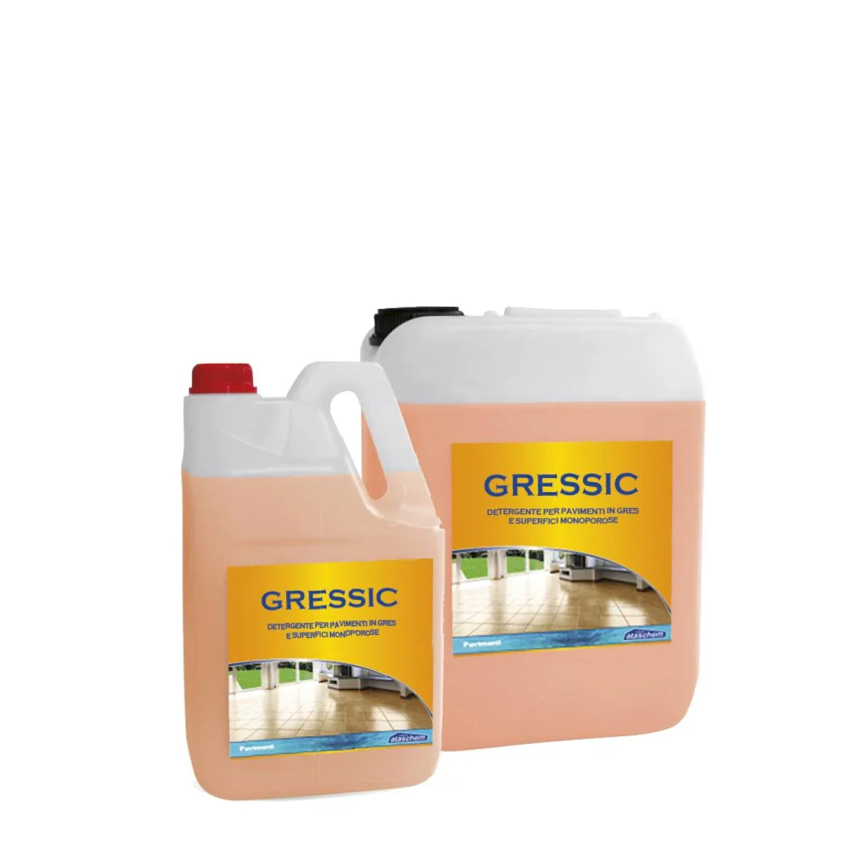 Taniche di detergente Gressic per pavimenti in gres e superfici microporose, etichette gialle visibili.