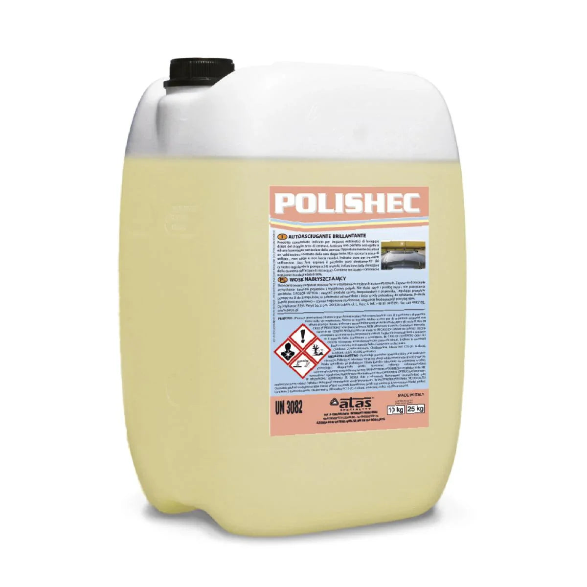 Tanica di asciugante acido pH 3.5 per autolavaggi, etichetta visibile, prodotto professionale pulizia auto