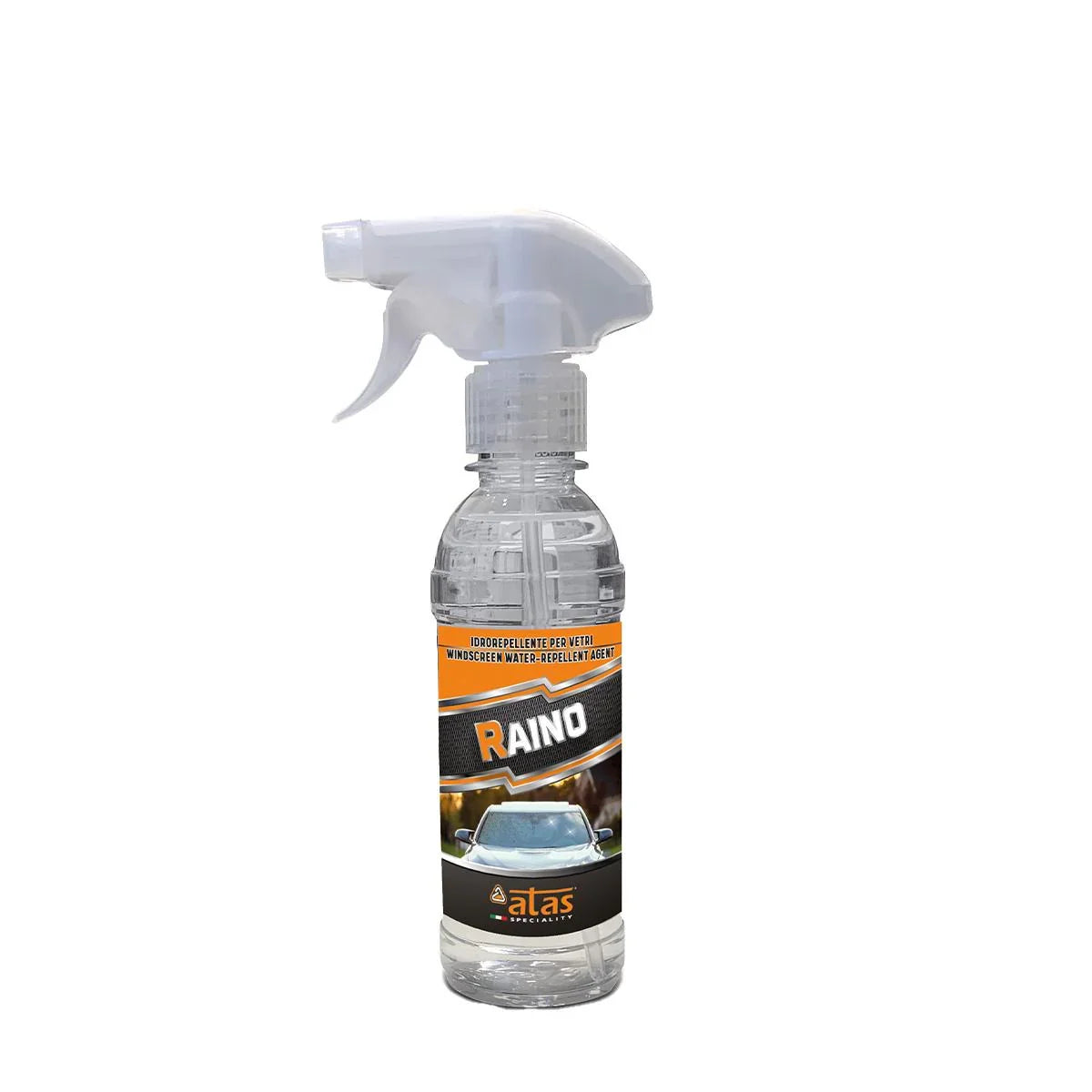 Spray idrorepellente vetri auto, flacone trasparente Raino 250 ml su sfondo bianco.