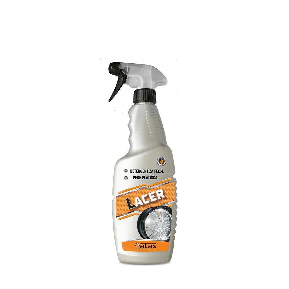 Spray detergente per cerchi auto Lacer Atas, flacone grigio con etichetta arancione