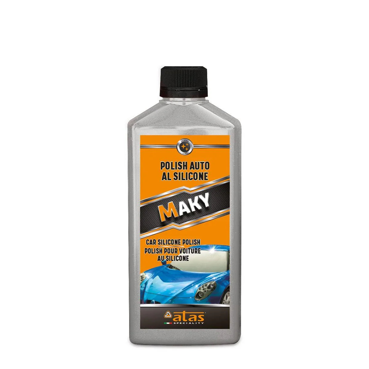 Flacone di polish auto al silicone per lucidatura carrozzeria, etichetta arancione con auto blu.