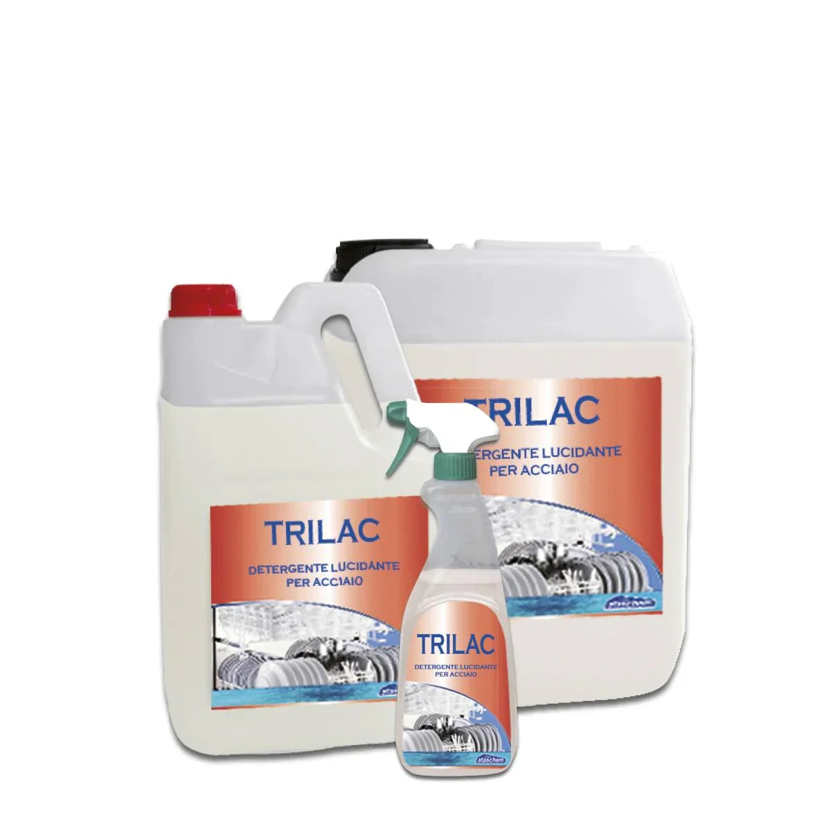 Detergente lucidante per acciaio Trilac in tanica e spruzzatore, pulizia professionale.