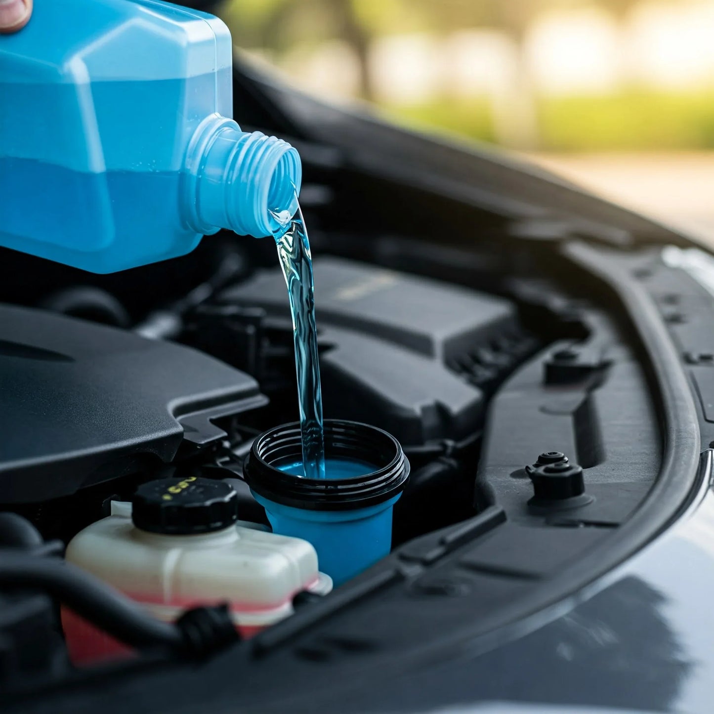 Versamento detergente blu per vetri nell'apposito serbatoio motore auto