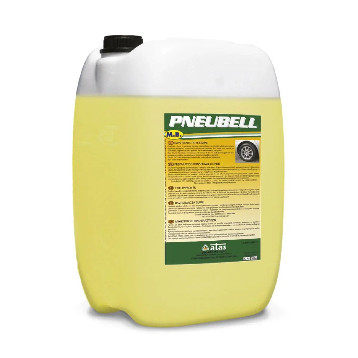 Tanica da 12 kg di lucidante pneumatici Pneubell per pulizia e cura gomme auto.