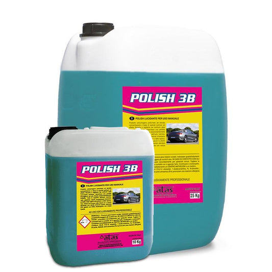 Taniche di shampoo auto Polish 3B 10 kg e 25 kg, liquido blu per pulizia e lucidatura professionale.