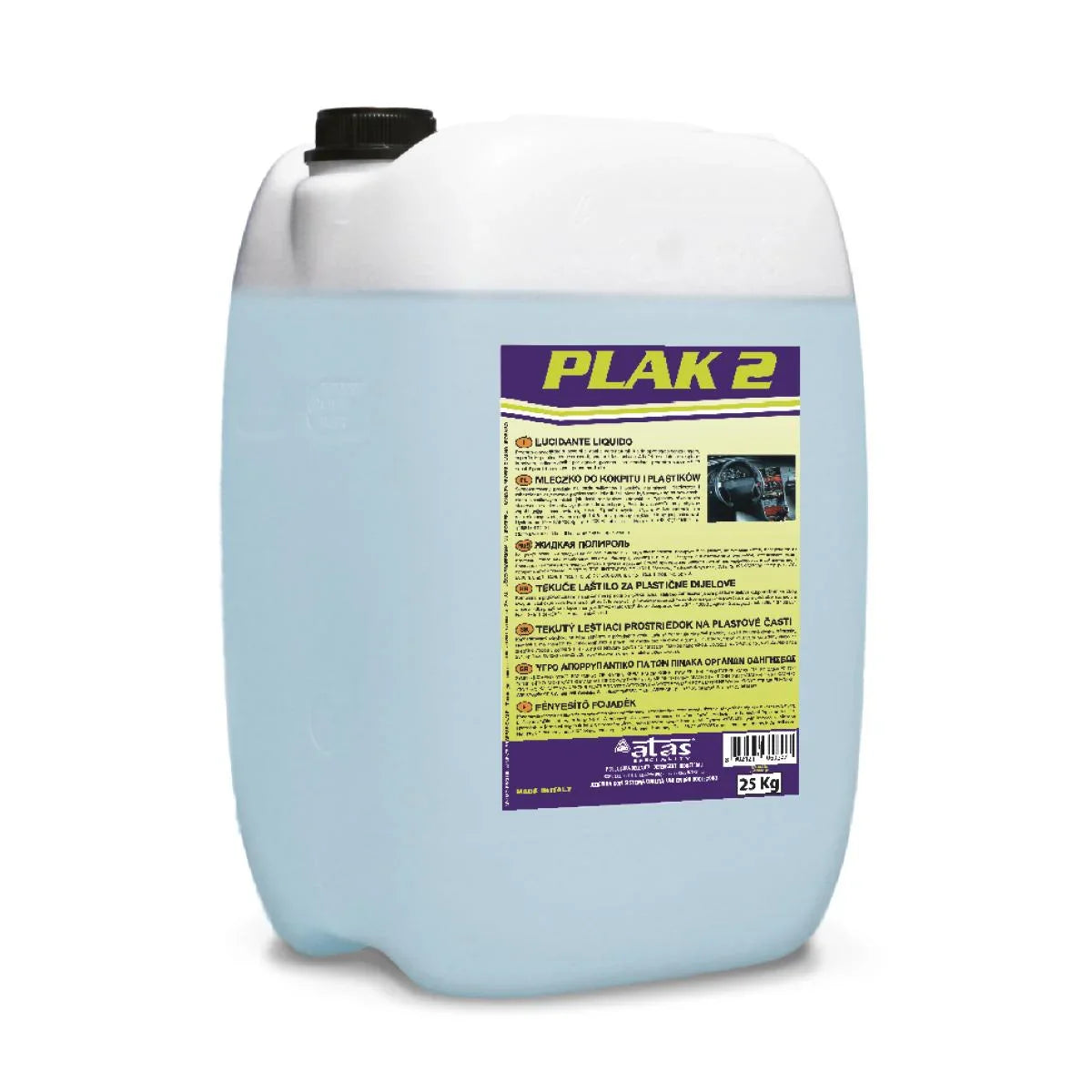 Tanica detergente lucido per interni auto, etichetta gialla e viola, 25 kg