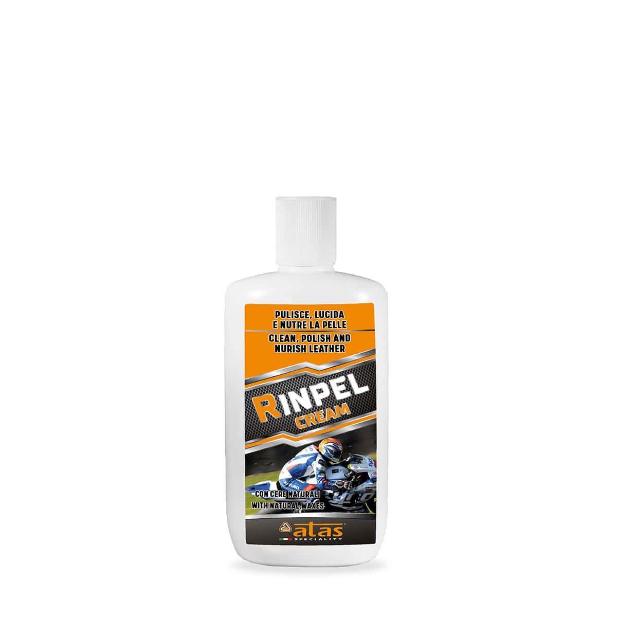 Detergente per sedili in pelle RINPEL da 200ml, flacone bianco con etichetta arancione.