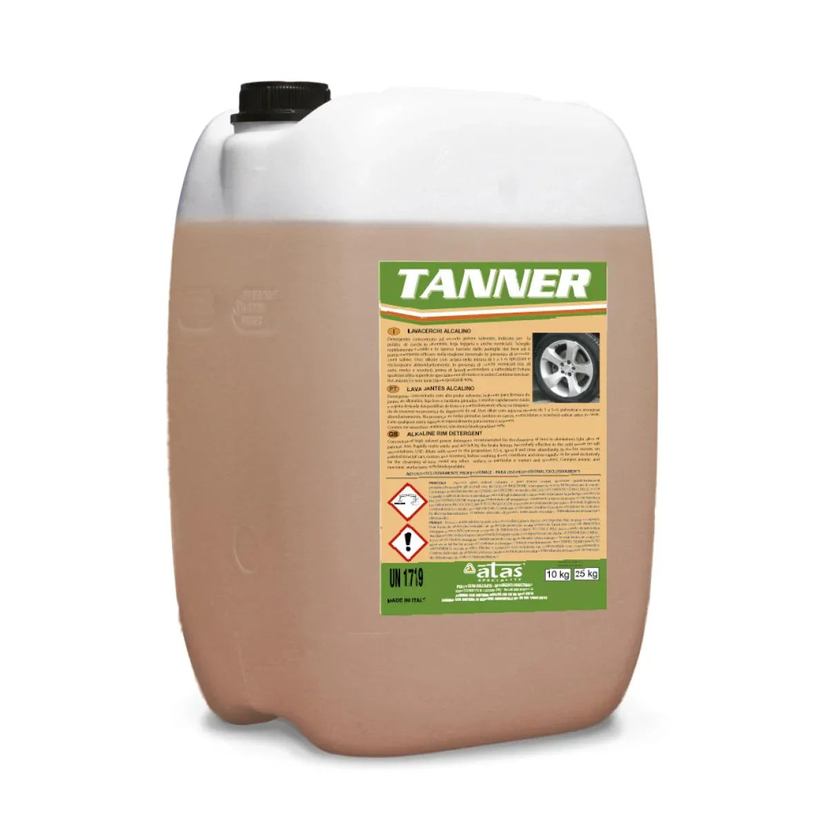 Tanica di sgrassatore per cerchi auto da 10 kg con etichetta verde e immagini illustrative.