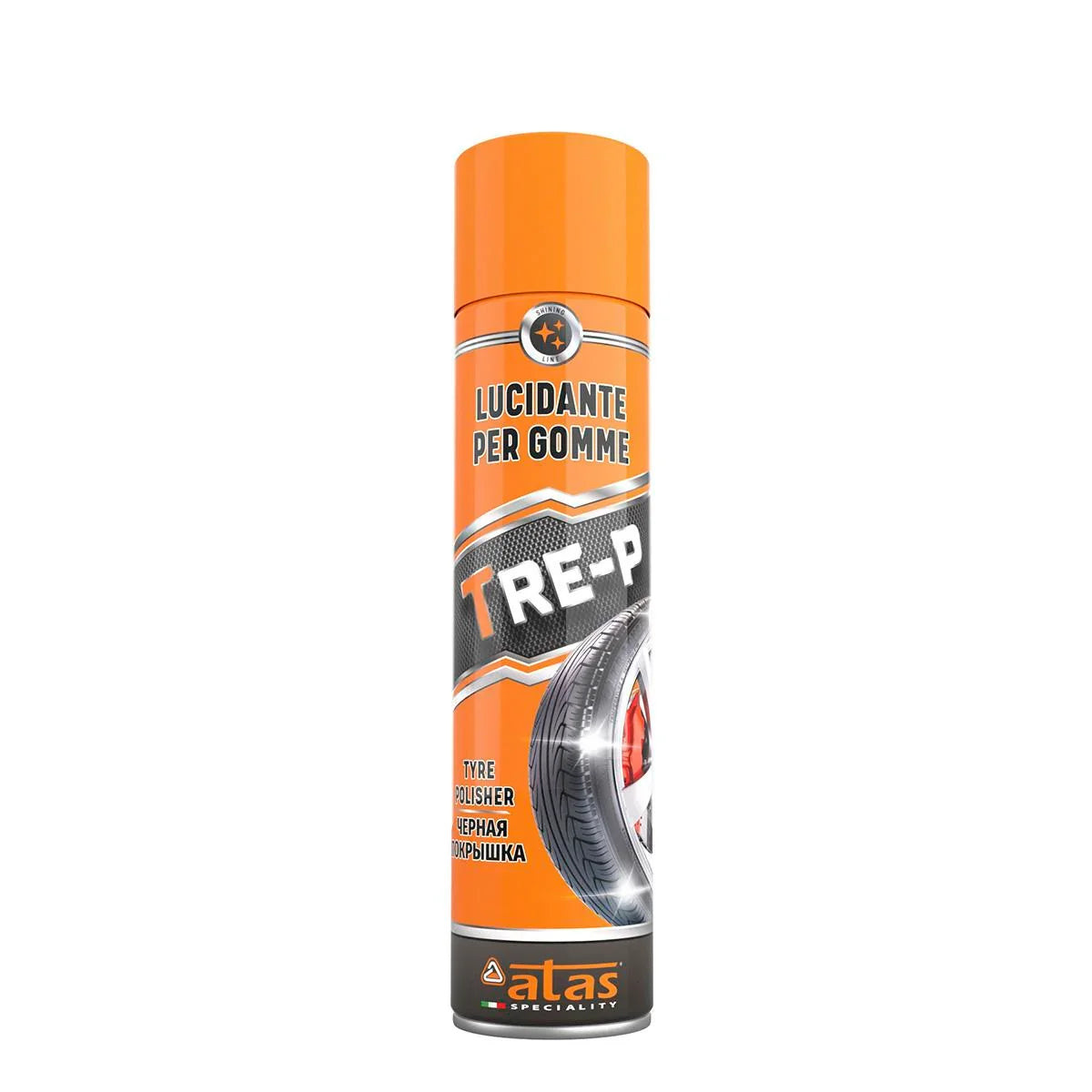 Spray lucida pneumatici TRE-P 400ml, confezione arancione con immagine di gomma auto