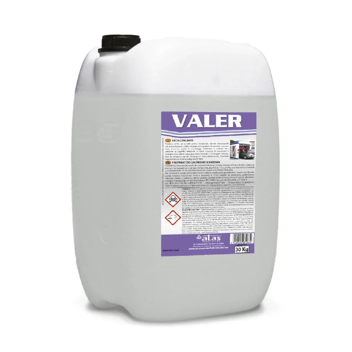 Tanica da 30 kg di decalcificante professionale con etichetta Valer per pulizia industriale.