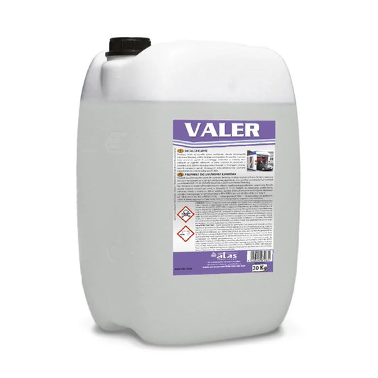 Tanica da 30 kg di decalcificante professionale con etichetta Valer per pulizia industriale.