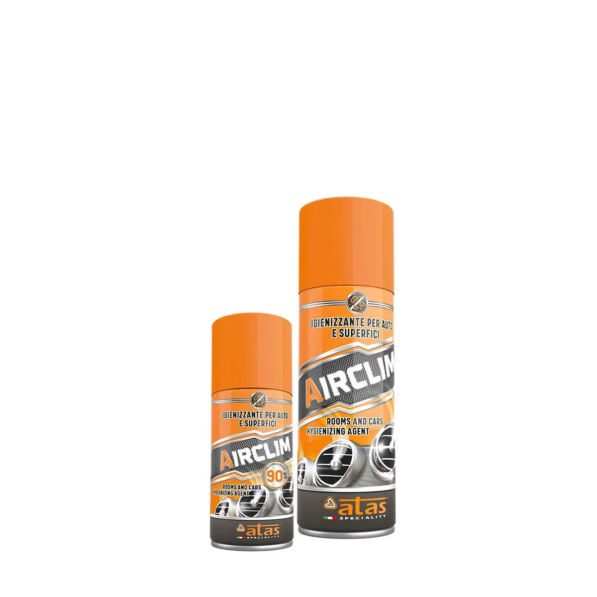 Due spray igienizzanti per auto e superfici Airclim con tappo arancione su sfondo bianco