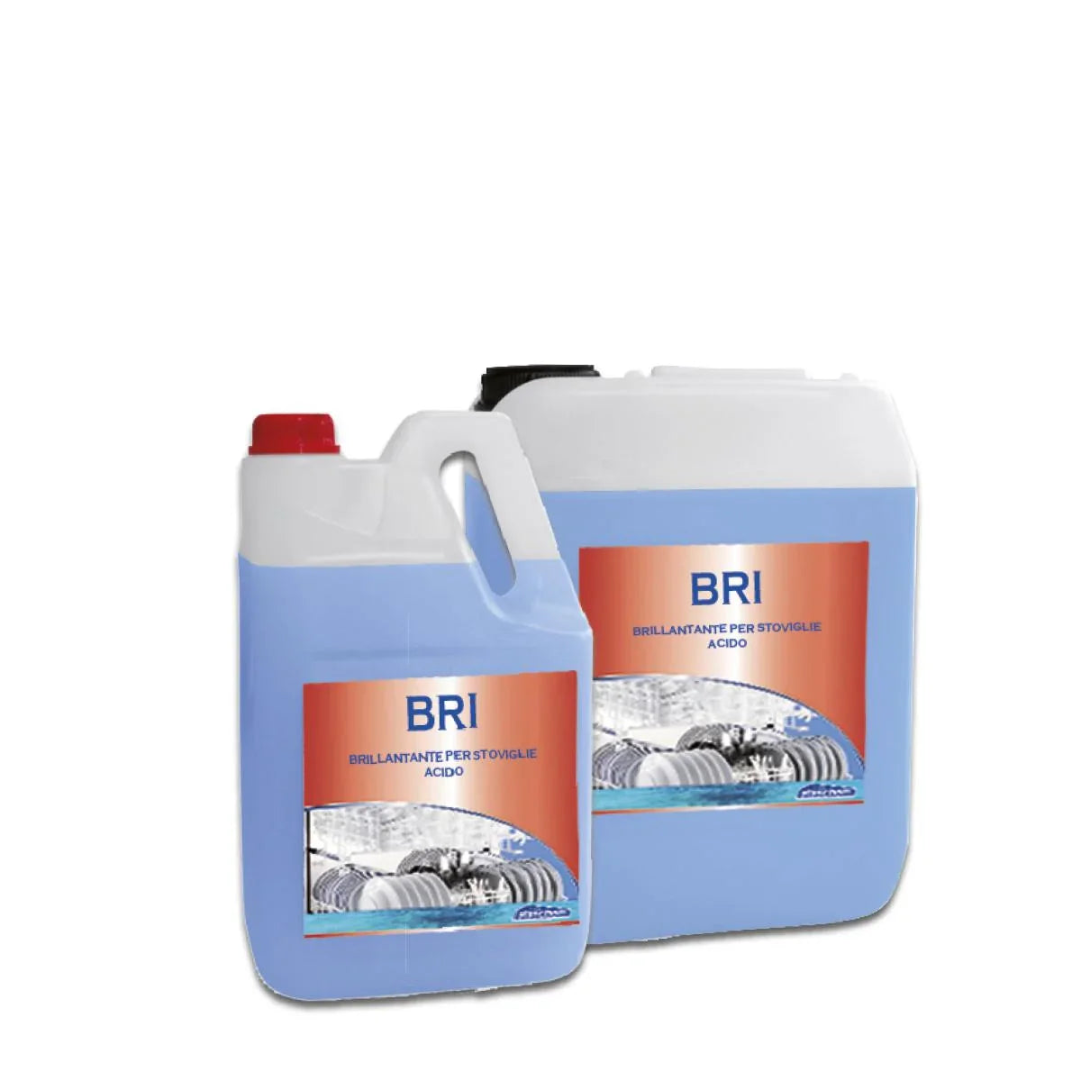 Taniche di brillantante lavastoviglie professionale acido da 5 kg, etichetta BRI, fondo bianco.