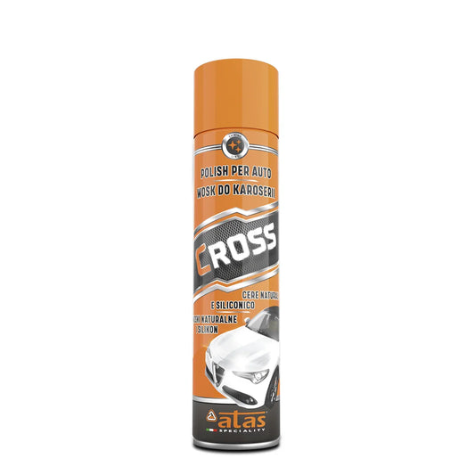 Spray lucidante auto Cross 400 ml, cera per carrozzeria, confezione arancione con auto bianca