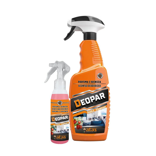 Deodorante igienizzante spray per auto e casa, fragranza fragola, flaconi arancioni.