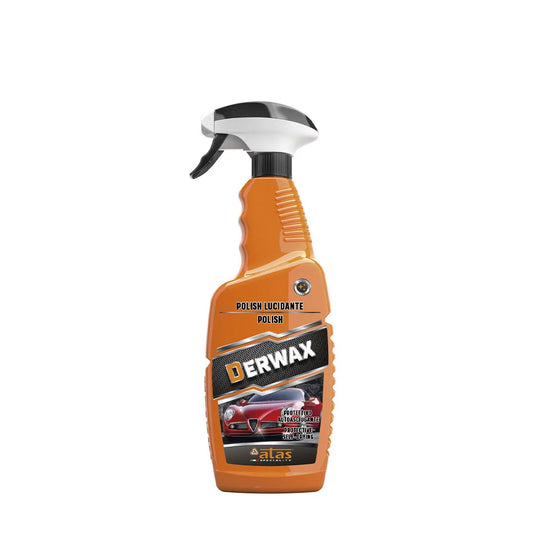 Flacone arancione di polish liquido e cera protettiva auto, spruzzatore nero-bianco, etichetta con auto rossa.