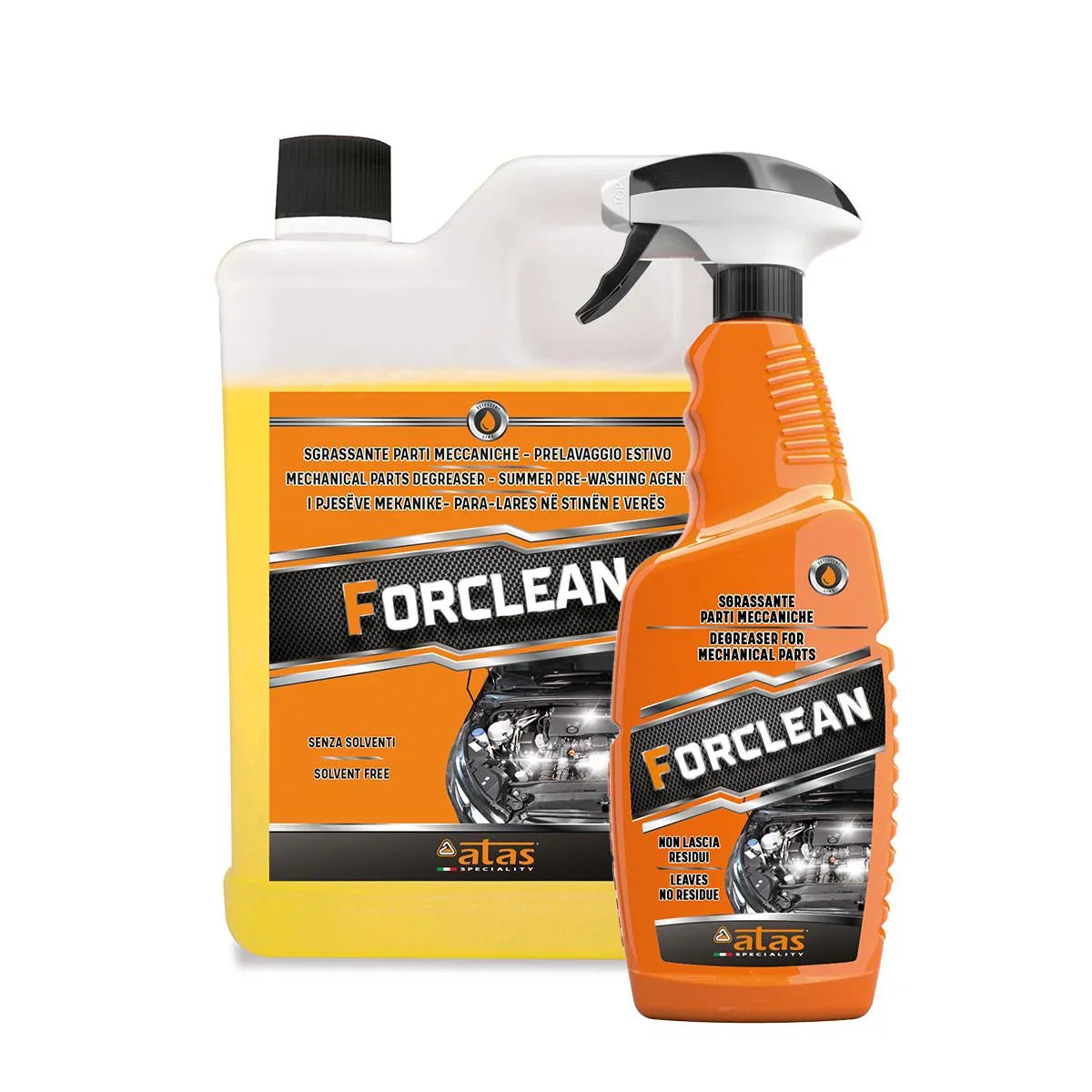 Sgrassatore per parti meccaniche Forclean, flacone e tanica, prodotto per motori.