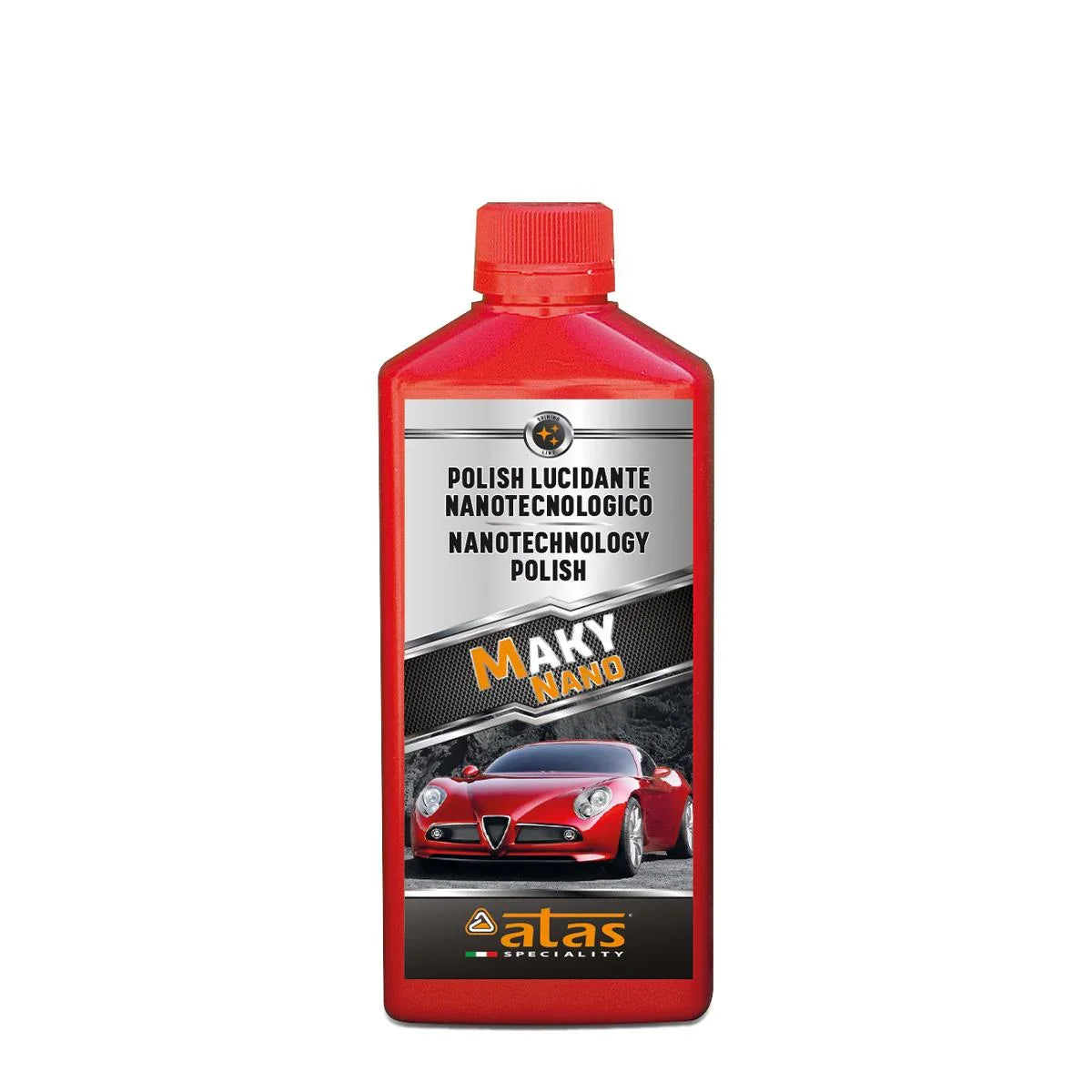 Flacone rosso di polish nanotecnologico per auto da 500 ml, etichetta con auto sportiva.