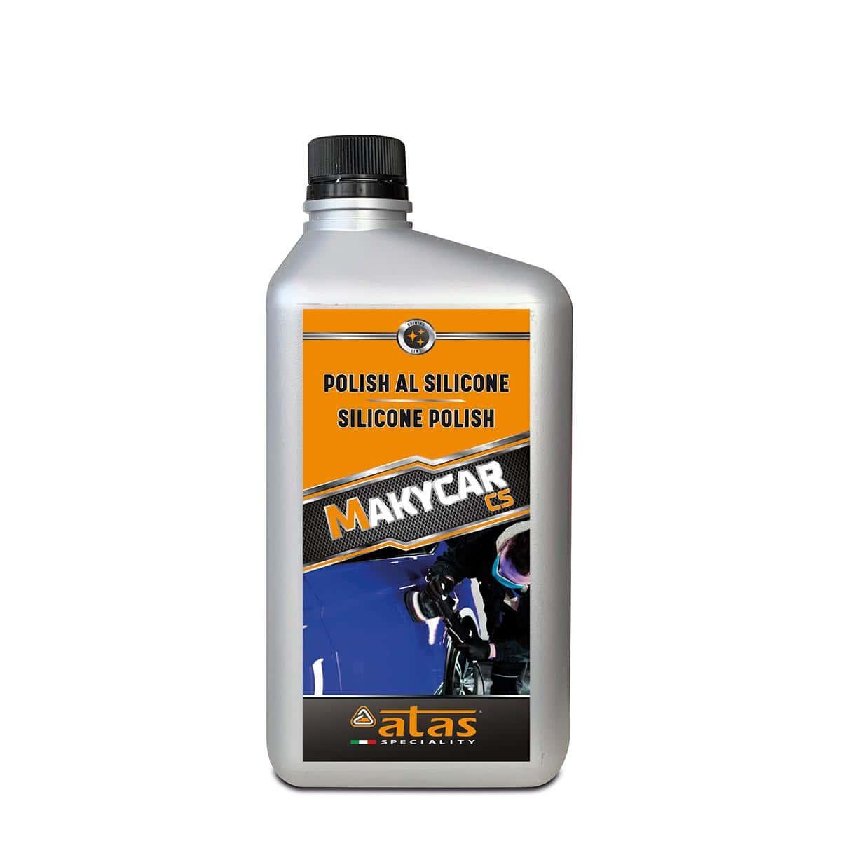 Flacone di polish al silicone per carrozzeria auto, etichetta arancione, superficie riflettente.